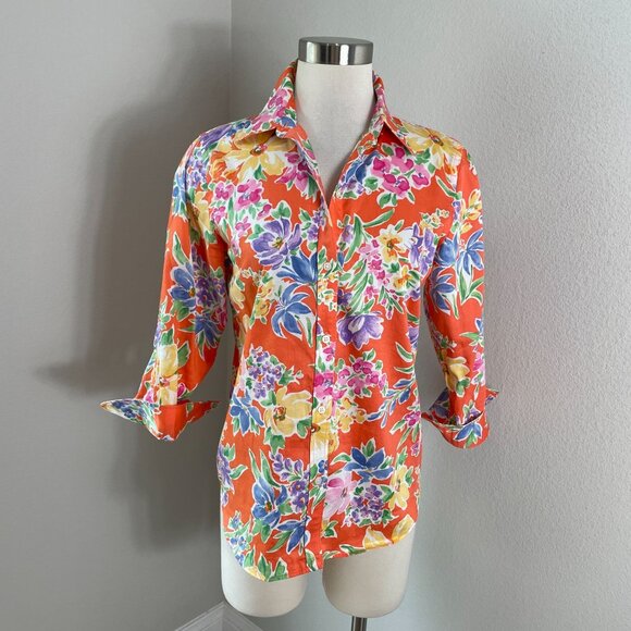 Lauren Ralph Lauren Tops - Lauren Ralph Lauren Womens Small Floral Button Up Shirt Vibrant Orange Blouse